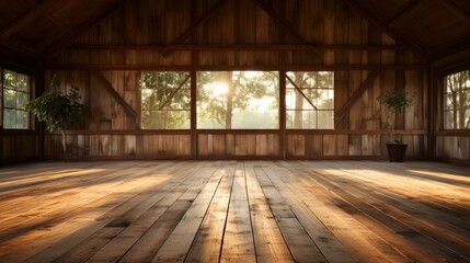Wooden empty room of a house or ranch with sun rays. Generative AI