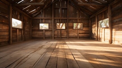 Wooden empty room of a house or ranch with sun rays. Generative AI - obrazy, fototapety, plakaty