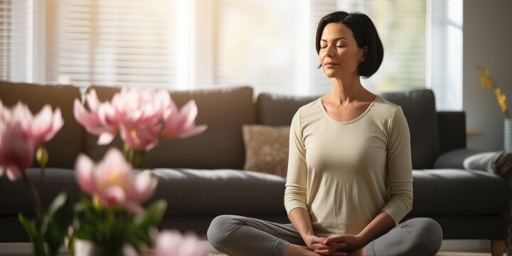 woman is meditating at home with eyes closed, generative AI