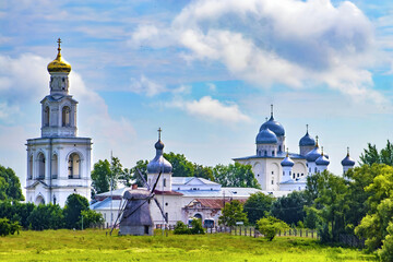 Yuriev Monastery in Veliky Novgorod, a male monastery of the Russian Orthodox Church in honor of the Great Martyr George, one of the oldest in Russia - obrazy, fototapety, plakaty