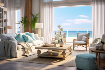 Mediterranean beach front villa interior living area white upholstered sofa with blue cushions large shelved coffee table Wicker side chairs woven rug on tiled floor balcony beach and ocean view
