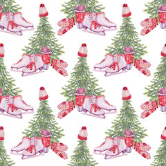 Seamless pattern with watercolor winter Christmas tree with red hat and mittens and skates on white background. Art with fir or pine for celebration New Year invite or wrapping and wallpaper