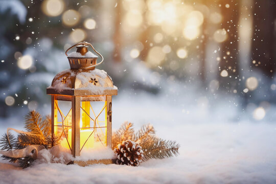 Snowy Christmas scene with a candle lit Lantern in the snow with pine cones and fir branches set against a forest background with Bokeh lights Christmas card image xmas wallpaper background