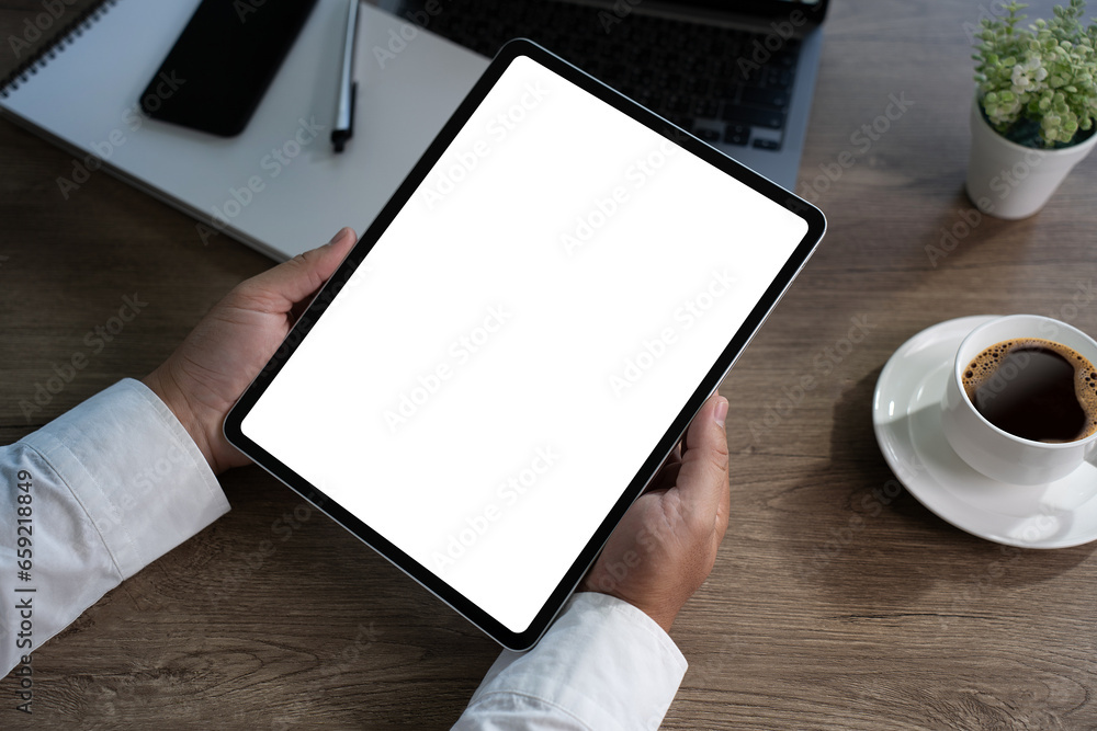 Poster digital tablet computer close up man using tablet hands man multitasking with isolated screen