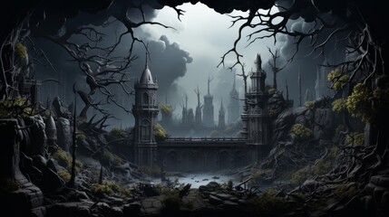 A creepy gothic castle in a foreboding landscape. Generative AI.  - obrazy, fototapety, plakaty