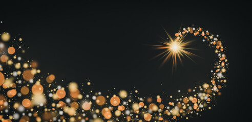Shining star Christmas background shooting star make wish golden glittering lights bokeh particles black background copy space