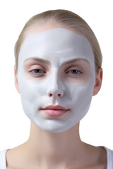 women with a facial beauty mask on her face, soft light, on a white background PNG