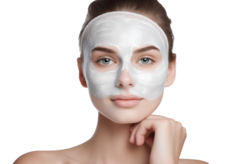 women with a facial beauty mask on her face, soft light, on a white background PNG