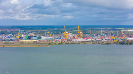 Aerial Panorama view of Port of Klaipeda, Lithuania. One of the few ice-free ports in northernmost...