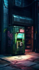 A sad broken down robot in a back alley in a futuristic cyberpunk city. Generative AI. 