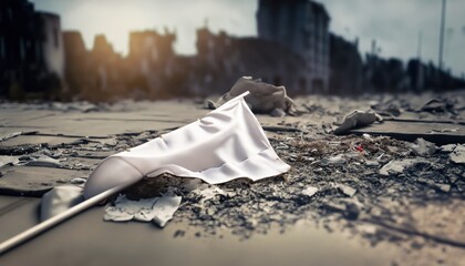 white flag lying on the ground in the destroyed war city - obrazy, fototapety, plakaty