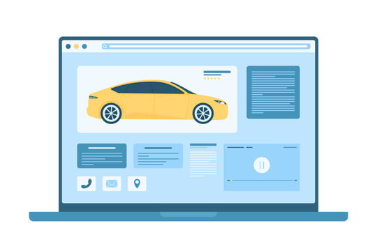 Buying and selling new or used car online service vector illustration. Cartoon isolated laptop desktop with automotive website for customers search to buy, sell or rent new or used automobile