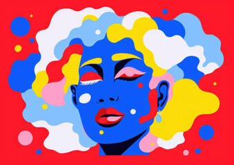 Flat style 2d gouache illustration in trendy colours — female face with flat detail and soft curves — red, blue, yellow — indie style artwork on canvas
