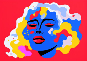 Flat style 2d gouache illustration in trendy colours — female face with flat detail and soft curves — red, blue, yellow — indie style artwork on canvas
