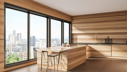Modern wooden kitchen interior with equipment, window with city view and daylight. D Rendering.