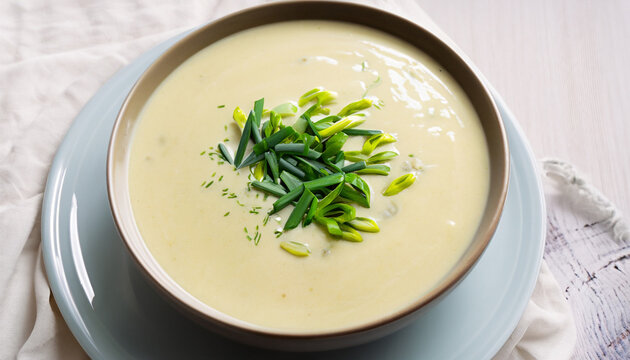 Bowl of creamy leek soup with chives © Irene