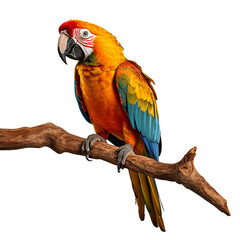 parrot sitting on a stick in front, isolated white