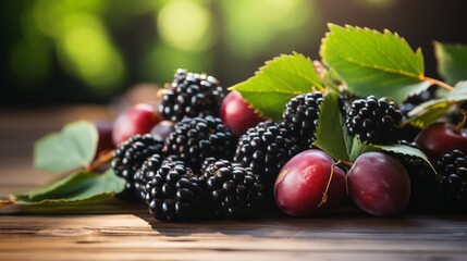 Fresh blackberry and raspberry on the wooden table top