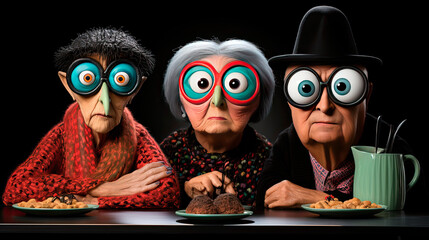 Three wide eyed seniors having breakfast and staring out into the world