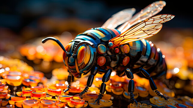A very colorful bee on a honeycomb