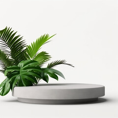 3D background products display a podium stage with a geometric platform and tropical leaves. mockup