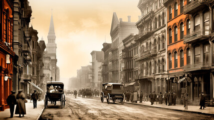 Street scene in New York City in the early 1900s - obrazy, fototapety, plakaty
