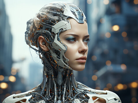Robot girl in a cyborg costume against a futuristic city