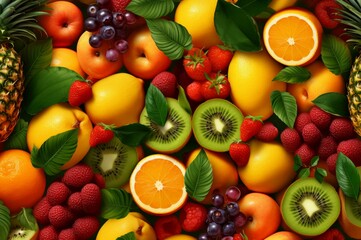 Over-head Fruit background topview. Organic healthy. Generate Ai