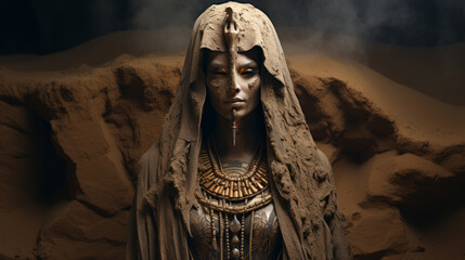 Egyptian goddess sculpture covered with sand. - obrazy, fototapety, plakaty