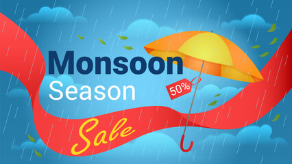 Monsoon sales, seasonal promotion banner vector illustration. Cartoon yellow umbrella and red ribbon flying in blue rainy sky with rain, wind and storm, happy season for shopping and discounts