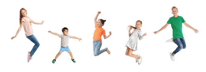 Fototapeta na wymiar Different kids jumping on white background, collage with photos