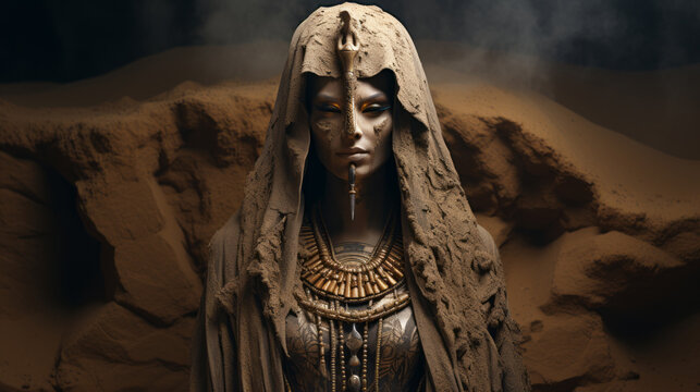 Egyptian goddess sculpture covered with sand.