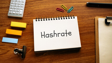 There is notebook with the word Hashrate. It is as an eye-catching image. - obrazy, fototapety, plakaty