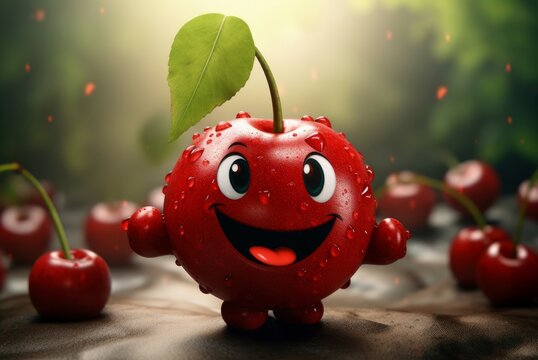 Naklejki Quirky Funny cherry character. Smiling fruit art. Generate Ai