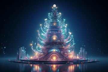 Bright Neon christmas tree lights. Winter celebration. Generate Ai