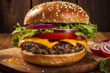 Fast Food Burger Snack With tomatoes, meat and onions - cheeseburger, bun, hamburger
