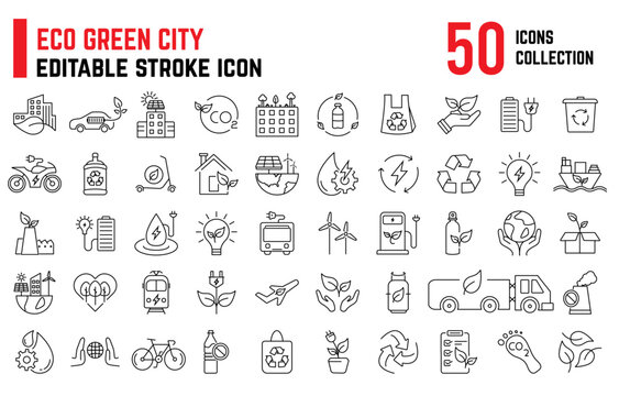 Set of 50 Eco Green City, contains such icons as Environmental, renewable energy, Zero Waste, Bio filter, Sustainable development, autonomous building, air and water quality. Editable stroke icon