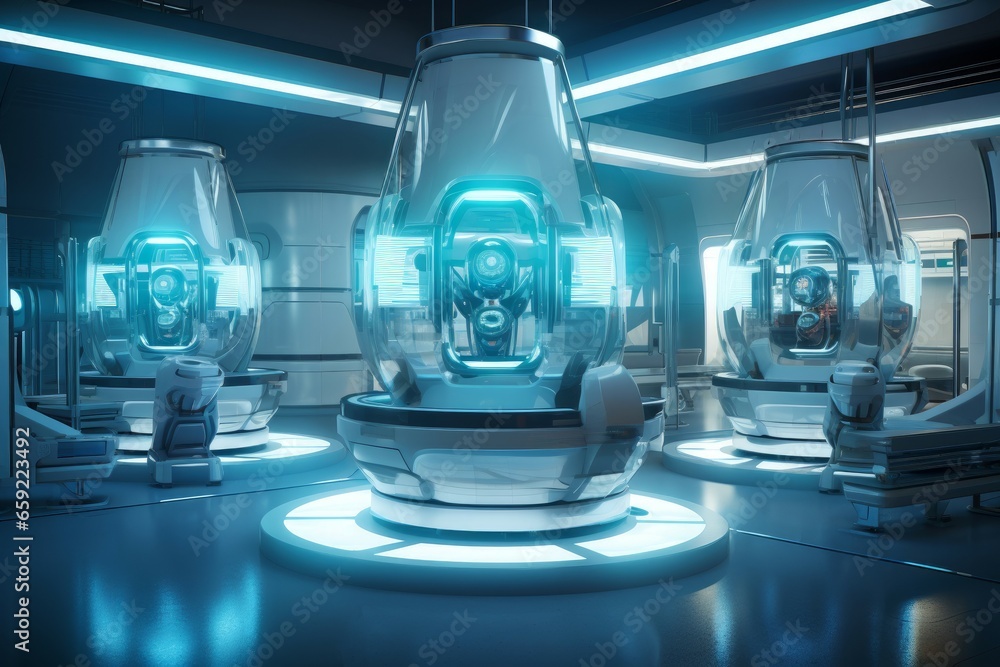 Poster gleaming futuristic lab in light. science future. generate ai