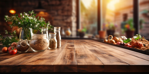 Empty beautiful wood table top and blur modern kitchen interior background.