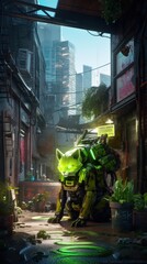 A cyberpunk city alley with glowing neon lights. Generative AI. 