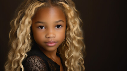 Closeup studio portrait of a young African American model with curly blond hair and wearing a black top.