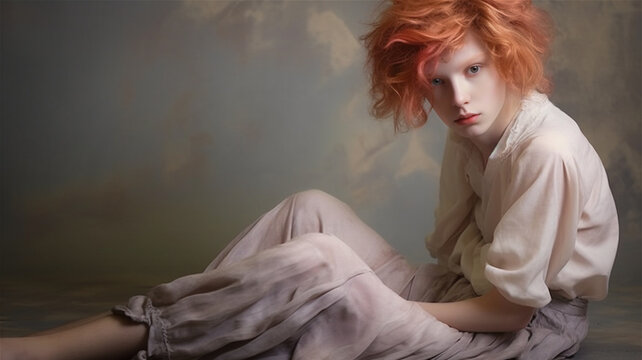 Portrait of a young androgynous model with red hair and pale skin sitting on a studio floor.