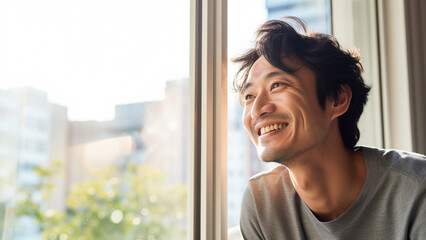 明るい窓辺で微笑む30代の日本人男性のポートレート