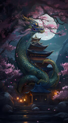 Fototapeta premium Generative AI, Temple Tales: The Dragon's Serene Watch over Ancient Grounds