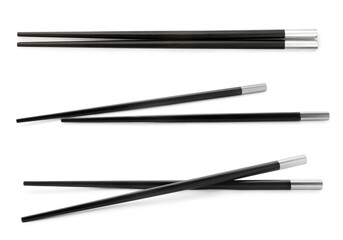 Collage with black chopsticks isolated on white