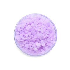 Obraz na płótnie Canvas Glass bowl with violet sea salt isolated on white, top view