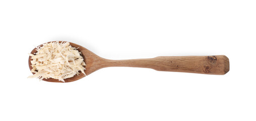 Spoon with grated horseradish isolated on white, top view