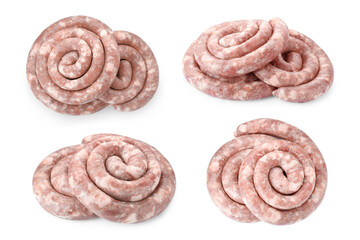 Raw homemade sausages on white background, top and side views. Collage design
