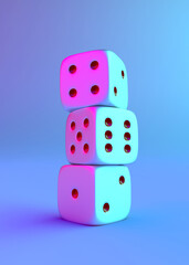 3d illustration of stack of three dices with holographic lighting.