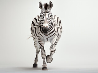 A Zebra running towards the camera on a white studio background